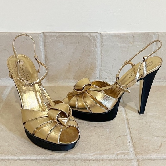 Coach Angelica gold leather & satin platform stiletto open toe heels siz… - Picture 1 of 9